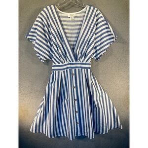Janette Plus Dress Womens 1X Blue Stripe Short Sleeve Faux Wrap USA Made Coastal